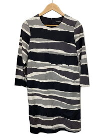 【中古】marimekko◆長袖ワンピース/36/コットン/BLK/総柄/波/ウェーブ/グレー/【レディースウェア】