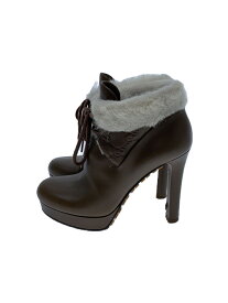 【中古】GUCCI◆269700/Brown Leather And Faux Fur Trim Shield Ankle Boots【シューズ】