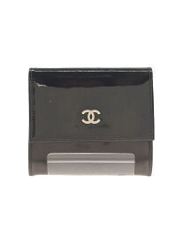 【中古】CHANEL◆3つ折り財布/エナメル/BLK/無地/レディース【服飾雑貨他】