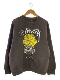 【中古】STUSSY◆スウェット/S/コットン/ブラウン/バラ/スカル/ロゴ/プリント【メンズウェア】