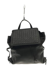 【中古】BOTTEGA VENETA◆イントレチャートフラップトップナップサック/リュック/デイパック/バックパック/レザー/BLK【バッグ】