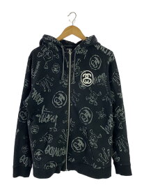 【中古】STUSSY◆2000年代/総柄ジップパーカー/L/コットン/ブラック/ストリート【メンズウェア】