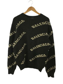 【中古】BALENCIAGA◆ALLOVERLOGOJACQUAREDKNIT/M/ウール/ブラック/総柄///【メンズウェア】