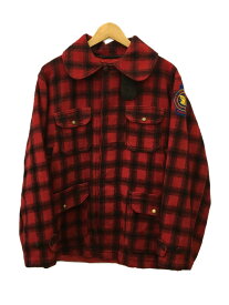 【中古】Woolrich◆ハンティングジャケット/バッファローチェック/丸襟/チンスト/金ボタン/ジャケット/42/ウール/RED【メンズウェア】