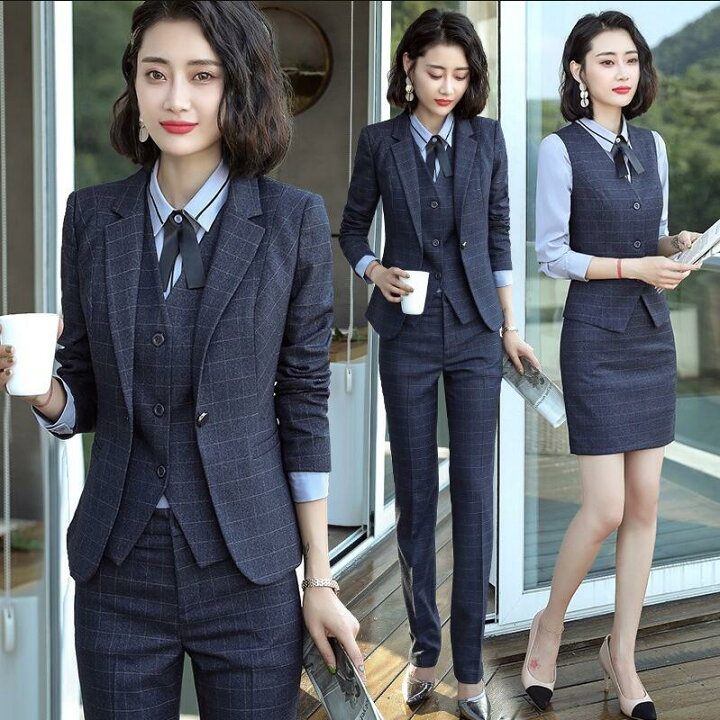 楽天市場 チェック柄スーツセット レディース Ol通勤定番フォマールスーツ フォーマルリクルートスーツ 通勤 職場活躍 オフィスパンツスーツ スカートスーツ シャツ ブラウス ベスト S 4l 純の洋服屋さん