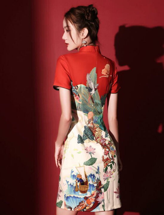 楽天市場】ミニチャイナドレス 鶴プリントチャイナ服 セクシー 半袖 