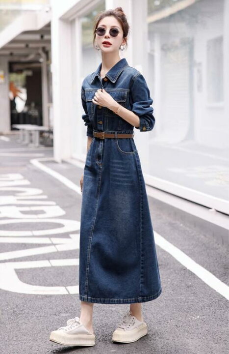 楽天市場】マキシ丈 デニム ワンピース 長袖 デニムコート デニム 体 