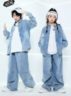 子供ダンス衣装 ヒップホップ HIP-HOP ジャズキッズダンス衣装 長袖デニムシャツ デニムパンツ 白Tシャツ…