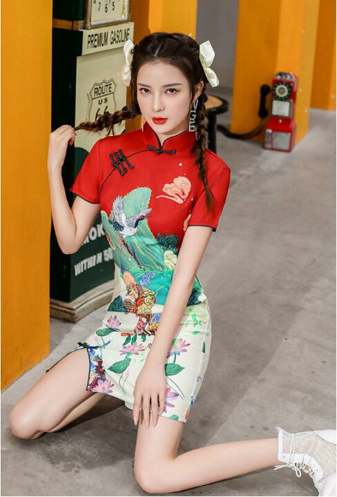 楽天市場】チャイナ服 ショット丈 小柄衣装 中国風ドレス 鶴 鳥 蓮 