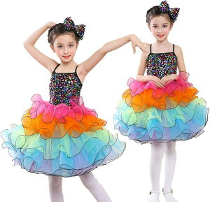 子供ダンス衣装 女の子 チュールワンピース ふわふわ スパンコール きらきら ボリュームダンスウエア 舞台ステージ演出服 学園祭発表会社交ダンスドレス 体操服 チアガール