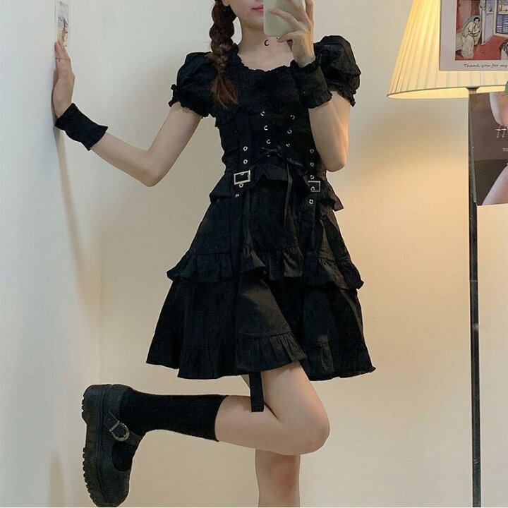楽天市場 ロリータワンピース ゴスロリ ティアードドレス 半袖 格好いい お姫様ドレス レディース 学生 コスプレ ハロウィン コスチューム 仮装 可愛い 黒系ワンピース 純の洋服屋さん