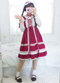 キャミワンピース ロリータドレス ゴスロリ 髪飾り付　ロリータ ワンピース lolita リボン 可愛い お姫様ドレス ハロウィン コスプレ衣装 赤黒緑3色