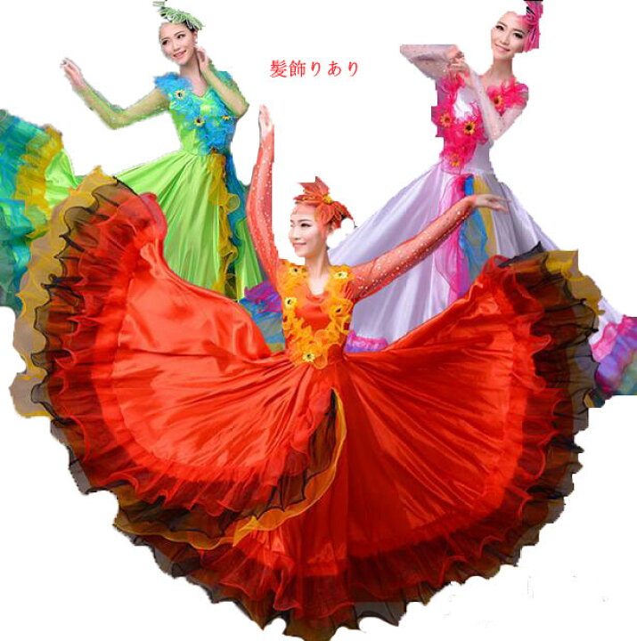 楽天市場 社交ダンス衣装 4色髪飾り付 モダンドレス ロングワンピース ダンスワンピース タンゴ ワルツ衣装 ラテンドレス 花付 裾ワタリ360 540 7 選択可 合唱団学校 イベント 新年 パーティー 発表会 ミュージカルダンス ドレス 純の洋服屋さん