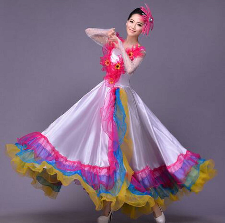楽天市場】社交ダンス衣装 4色髪飾り付 モダンドレス ロングワンピース  