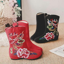 中華ブーツ　ミドルブーツ　チャイナ靴　中華靴　花刺繍可愛いチャイナシューズ　可愛い婦人ブーツ　婦人靴　パンプス　手作り北京布靴　エスニック風ナチュラル布靴　中華コスチューム　春新作　赤　黒