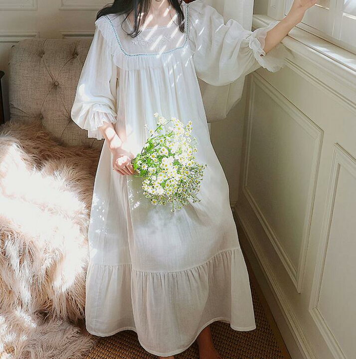 楽天市場 可愛いネグリジェ ロング丈ワンピースパジャマ レース 姫系ナイトドレス 七分袖ゆったり部屋着 宮廷風エレガントルームウエ ドレープ スクエアネック スイート系 コットン 白 純の洋服屋さん