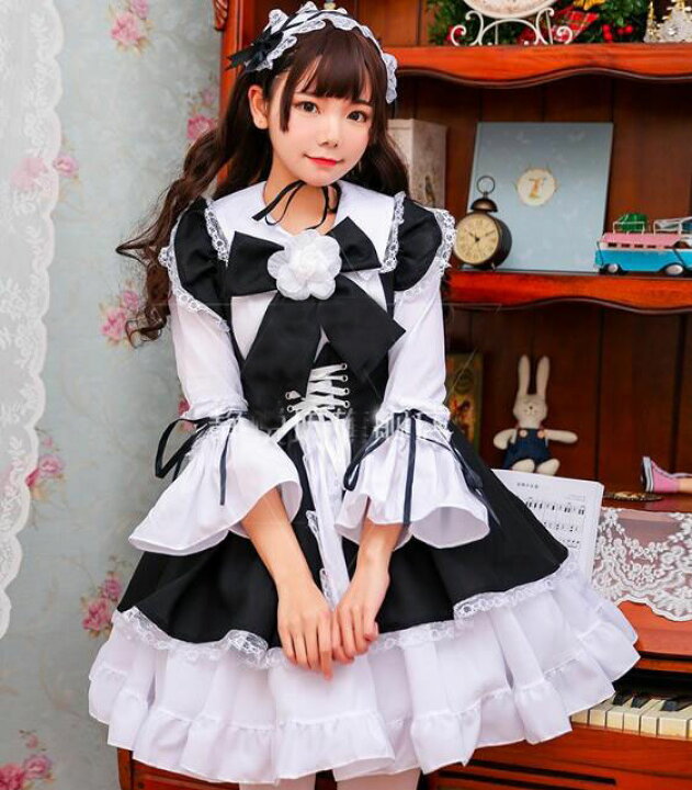 楽天市場 メイド服 白 黒 ワンピース エプロン 髪飾り 大きいリボンset 膝丈ゴシックメイドドレス ロリータワンピース 大人 ハロウィンコスプレ衣装 イベント 舞台ステージ服 Lolita Cosplay 純の洋服屋さん