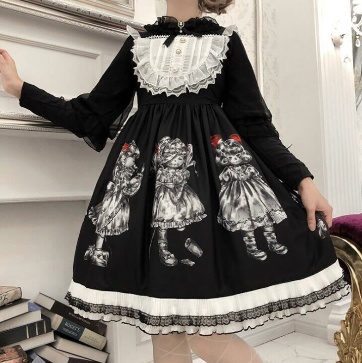 楽天市場 ワンピース ゴシック ロリータ ドレス ゴスロリ 黒 ロリータ服 Lolita メイド コスプレ レース 裾フリル キャミソールワンピース レディース 女性 膝丈 姫様ドレスコスチューム 悪魔 魔女 仮装 変装 長袖ブラウス 髪飾り ブラック ホワイト 純の洋服屋さん