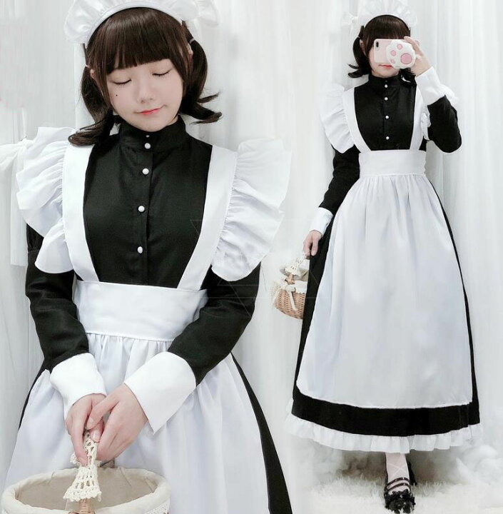 楽天市場 メイド服 ロング丈 コスプレ メイド レディース用 長袖 コスチューム ロングワンピース 前開き マキシ丈ウェイトレス 髪飾り付き3点セット 可愛い Cosplay 喫茶店 制服 ハロウィン 仮装 変装 女性 コスプレ衣装 学園祭 イベント ダンス 衣装 ロリータ服 白 黒 S