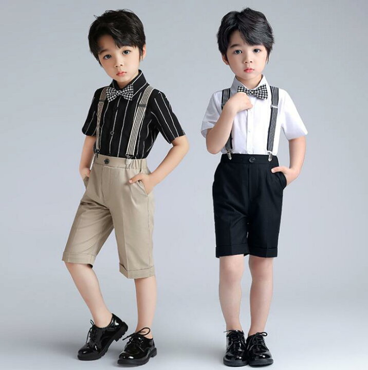 楽天市場 スーツ 子供スーツ4点セットアップ キッズスーツ 男の子 半袖スーツセット 夏用 礼服 フォマール 半袖シャツ 半ズボン サスペンダー 蝶ネクタイ ストライプ 無地 格好良い 子供服 ピアノ発表会 七五三 学園祭 結婚式 パーティー イベント お誕生 ダンス 衣装