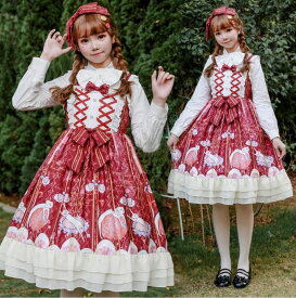 ワンピース ロリータワンピース ゴスロリ ロリィタドレス ロリィタ服 キャミソール JSKジャンパースカート 膝丈 ミモレ丈 裾フリル 大きいリボン レース お姫様ドレス カチューシャ 女性 大人 ハロウィン コスプレ衣装 仮装 変装 lolita 猫プリント 赤 送料無料