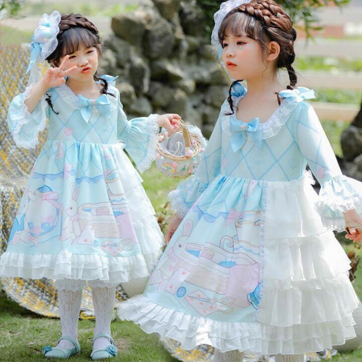 楽天市場 子供ドレス 女の子 ロリータドレス ゴスロリ ロリータワンピース キッズ お姫様ドレス 可愛い 姫袖 長袖 七分袖 ワンピース ミモレ丈 裾フリル リボン レース Kids Dress 水色 ロリィタ服 Lolita ハロウィン コスプレ衣装 子供コスチューム フリルドレス 100