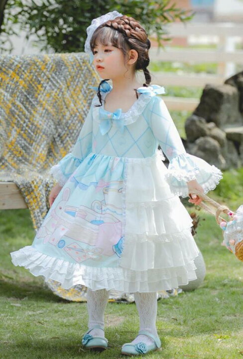 楽天市場 子供ドレス 女の子 ロリータドレス ゴスロリ ロリータワンピース キッズ お姫様ドレス 可愛い 姫袖 長袖 七分袖 ワンピース ミモレ丈 裾フリル リボン レース Kids Dress 水色 ロリィタ服 Lolita ハロウィン コスプレ衣装 子供コスチューム フリルドレス 100