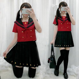 コスプレ セーラー服 上下セット ワインレッド＋ブラック 半袖 女子高生 JK制服 女子 学生服 制服 コスチューム 可愛い レディース 大人 ミニプリーツスカート ハロウィン 仮装 変装 衣装 学園 学院 制服 春 夏 S M L XL