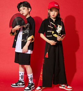 子供 中華ダンス衣装 ヒップホップ ジャズ ダンスウェア セットアップ キッズ 女の子 男の子 チャイナ風 舞台 ステージ衣装 半袖チャイナ服+スカーチョサルエルパンツ(ショートパンツ)