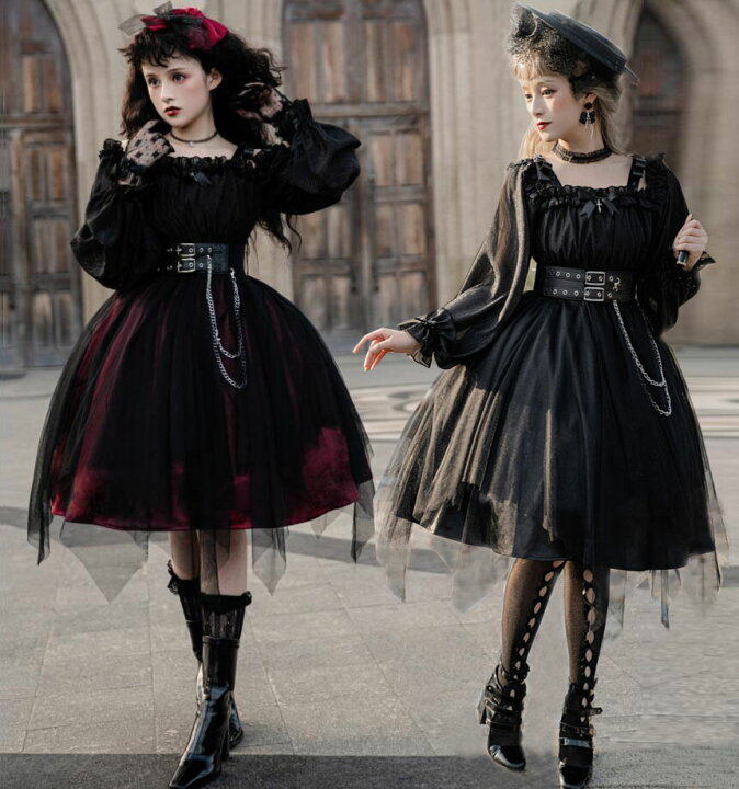 楽天市場 ワンピース ロリータ ゴシック ロリータ服 長袖 ロリータドレス 膝丈 ミモレ丈 暗黒 ワンピース ジャンパースカート チュール ふんわり チェーンベルト Lolita 光沢 フリル ゴスロリ コスプレ衣装 ハロウィン 学園祭 ロリィタ 女性 大人 ワインレッド ブラック