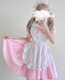 メイド コスチューム 女性 大人 可愛いメイド服 半袖 膝丈 ワンピース ロリータ お姫系 ゴスロリ コスプレ衣装 エプロンドレス ウェイトレス ハート フリル リボン キョート ハロウィン 仮装 変装 学園祭 イベント 舞台衣装 カチューシャ付 ピンク ブルー ブラック ワイン