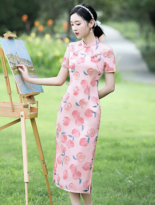 楽天市場 ロング丈チャイナドレス 半袖 中華ドレス 女性 大人 スイート系 チャイナ服 桃柄 総柄 キュート 中華ロリータ服 中華服 チャイナワンピース パーティー 二次会ドレス ハロウィン コスチューム 10代 代 30代 可愛い ピンク オフホワイト S M L Xl 2xl 送料無料