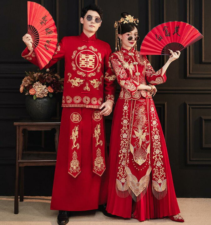 楽天市場 中華服 チャイナ風 ウェディングドレス メンズ レディース チャイナ服 上下2点セット 中国風 結婚式 ドレス 長袖 前開き チャイナ服 ロングスカート 金色な刺しゅう 華やか チャイナドレス フェニックス 龍 華やか 中華 コスチューム 舞台衣装 ステージ衣装 赤s