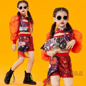 チャイナ風子供ダンス衣装 上下2点セットアップ 女の子 長袖 チャイナ服+スパンコールショートパンツ チュールフリル袖 チャイナカラー ショート丈 花柄 鶴 和柄 フリンジ付き 中華ステー