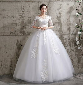 ロングウェディングドレス　マキシー丈ウエディングドレス　ふわふわ　ボリーム　可愛いフォマールドレス　お式　披露宴花嫁ドレス　七分袖　Vネック　花　刺繍入りロングフリルドレス　お姫様　前撮りドレス　ホワイト　ベール　パニエ　グローブ対応可