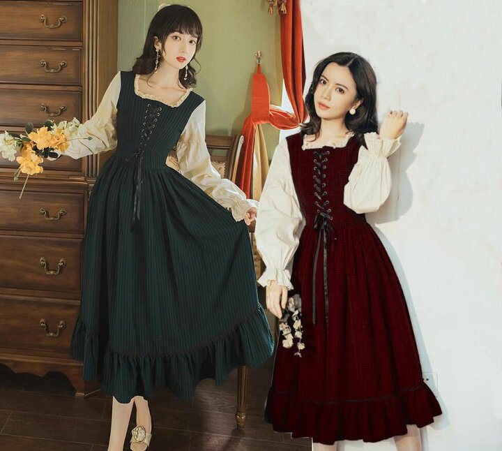 楽天市場 ワンピース レトロ ロングミモレワンピース 長袖 ゴスロリ ロリータ ワンピース お姫様ドレス 重ね着風 レッスアップ ゴシック ロリータドレス 春秋冬 舞台 ステージ 衣装 2色 送料無料 純の洋服屋さん