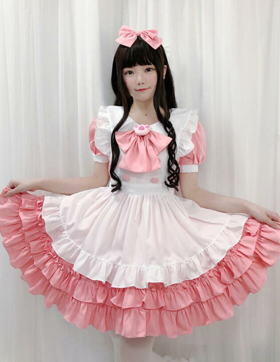 メイド服 コスプレ ハロウィン コスチューム一式 4点セット ロリータ メイド 衣装 フリル リボン ファッション