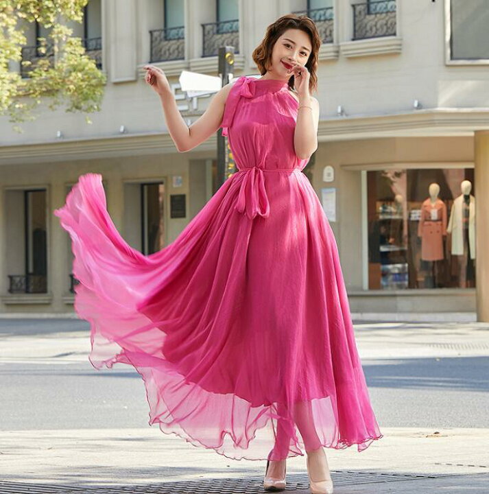 楽天市場】ロング ワンピース マキシ丈 シフォン フレア ワンピース  