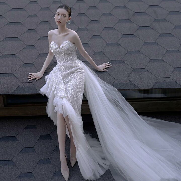 楽天市場】ウエディングドレス ロング マキシ丈 マーメイド 前斜め  