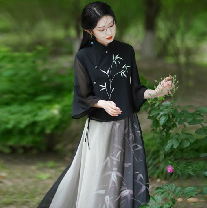 楽天市場】ナチュラルチャイナ服2点セット 黒系 水墨 改良漢服  