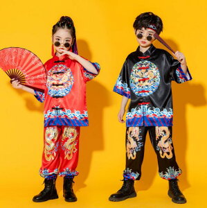 子供中国風 ジャズ ヒップホップ ダンス衣装 カンフー 武術 太極拳 表演服 男の子 女の子 五分袖 チャイナトップス ゆったり 中華ブラウス 前開き ロングサルエルパンツ サテン エスニック