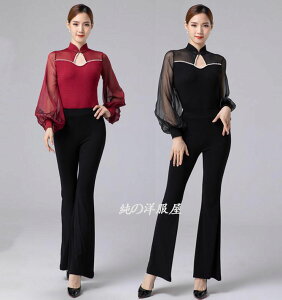 バレエ レオタード 長袖 チャイナカラー 鎖骨に穴開け ストレッチ ダンス トップス 社交ダンス ラテン ダンス 衣装 チュール切替 パフスリーブ パンタロン パンツ ヨガ パンツ 黒 ワインレッ