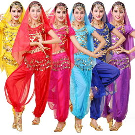 ベリーダンス衣装 内容選べる 大人 社交ダンス ベリーダンス 衣装セット きらきら アラビアン 衣装 半袖トップス アラジンパンツ 腰巻き ヒップスカーフ ベール 髪飾り アームアクセサリー 小物 パーフォマンス 民族 ダンス衣装 レディース 赤 青 黄 紫 ピンク