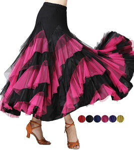 ダンス スカート ロング丈 フリル スカート レディース 社交ダンス モダンダンス ワルツ フラメンコ スカート 練習着 試合着 フリルいっぱい 配色 フレア 大きい裾 広がる スカート エレガン