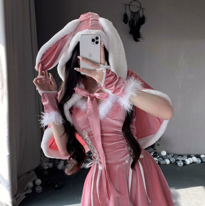 クリスマス サンタ衣装ピンク うさ耳 コスプレ Lサイズ （楽天市場 