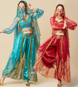 ベリーダンス 衣装 レディース アラビアン 全身コスチューム ジャスミン風 ベリーダンス 衣装 長袖セット きらきら スカーフつきアラジンパンツ 大人 ハロウィン イベント 余興 ダンス 衣装