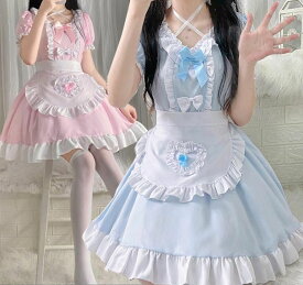 メイド服 ロリータ ワンピース 半袖 ショート丈 ミニ丈 Lolita 女装 メイド コスチューム ハロウィン 衣装 エプロン ウェイトレス 女性 大人 ジュニア 裾フリル リボン ハート 可愛い 萌え萌え ロリータ服 COSPLAY ピンク ブルー