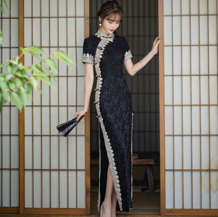 楽天市場】チャイナドレス ロング マキシ丈 総レース 半袖 ロング丈 