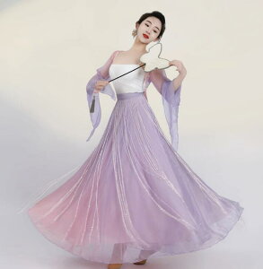 ダンス 巻きスカート ロング 大きい裾 光沢 フリンジたっぷり 広がる レディース 大人 民族ダンス 古典舞踊ダンス衣装 中国踊り 演目ダンス 練習着 レッスン着 スリット振り袖 ショート丈