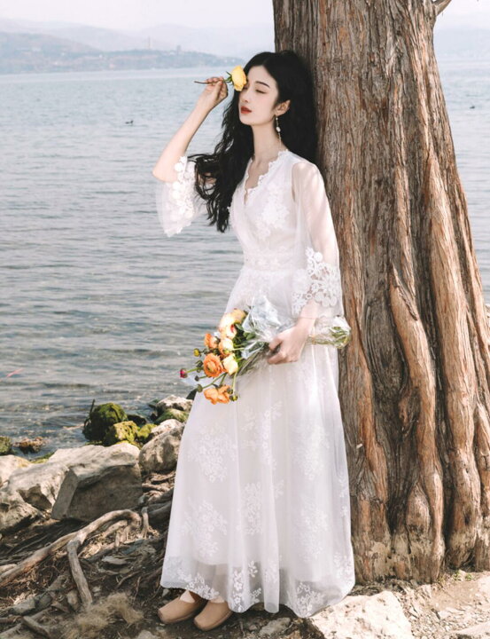 楽天市場】ロング丈 ワンピース レース Vネック 七分袖 フリル  